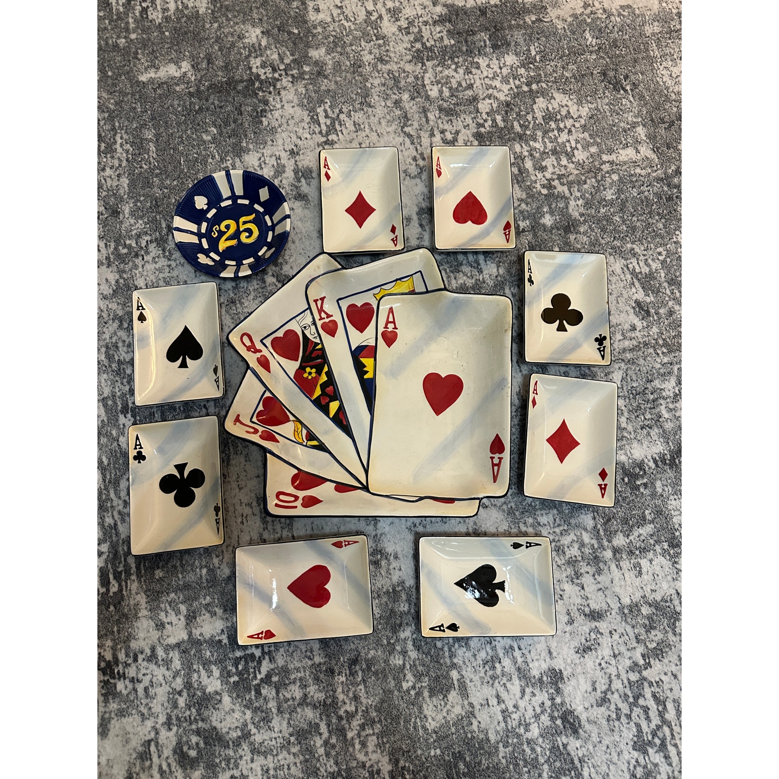 Clay Art Royal Flush hand painted Stonelite Large Serving Bowl & Plates FULL SET