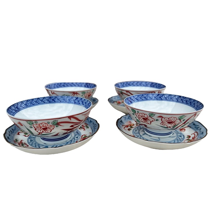 Japanese Rice Bowls & Saucers Set Of 4 Hand-Painted Porcelain Floral VTG