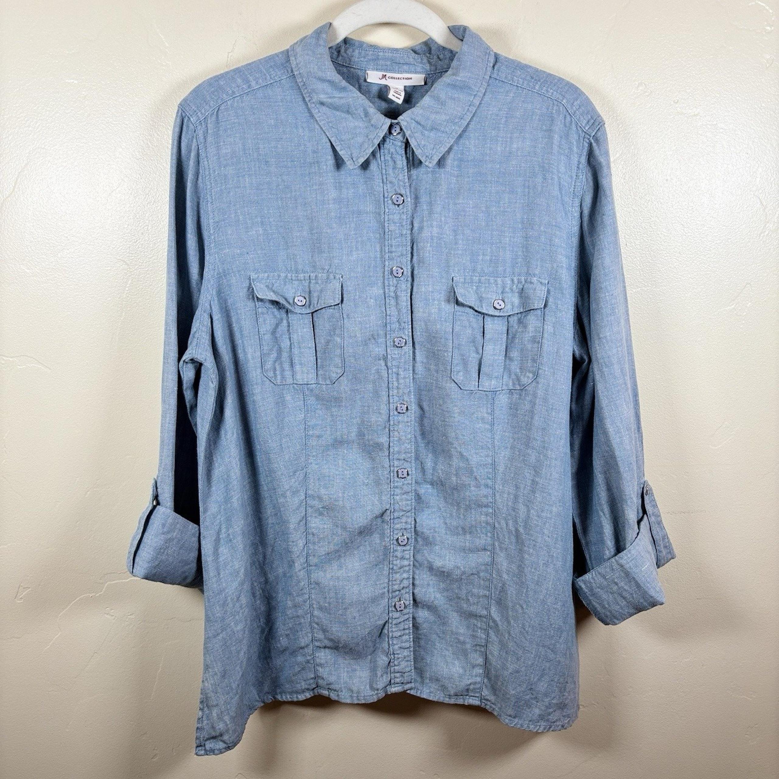 JM Collection Top Women's 16 Blue Chambray 100% Linen Roll Tab Sleeve Coastal