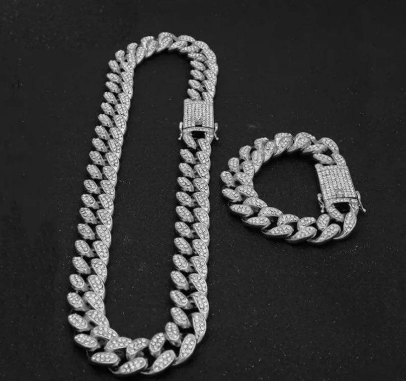 18k gold cuban link chain and bracelet set