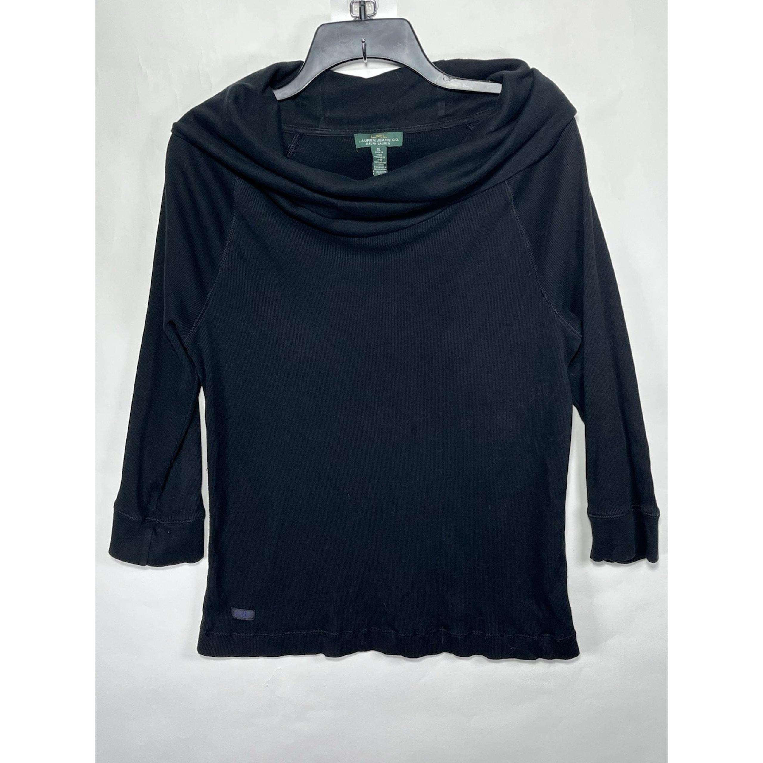 Lauren Ralph Lauren Cowl Neck Top Women's XL Black 100% Cotton Ribbed Knit
