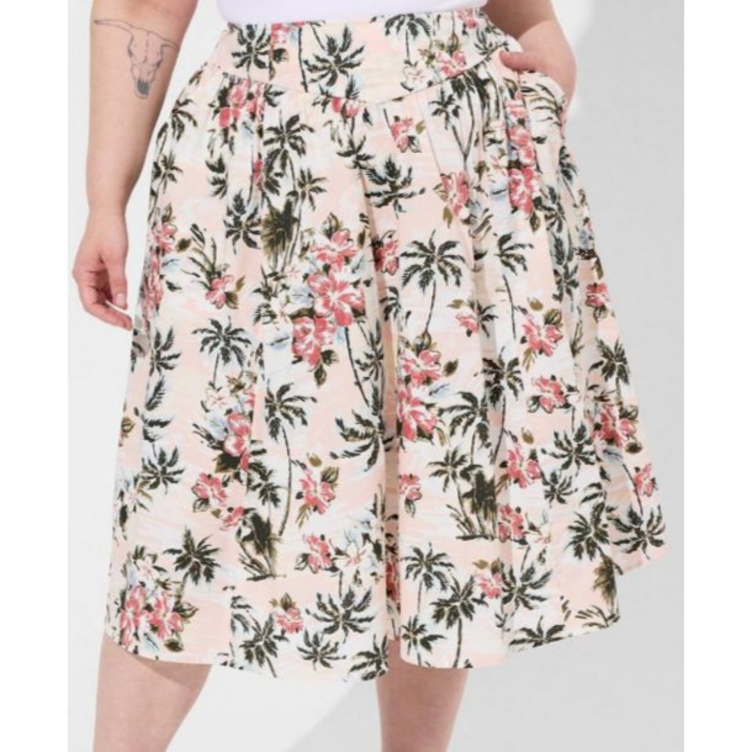 Torrid Floral Tropical Hawaiian Print Cotton Blend Midi Skirt,Pockets, Plus 22