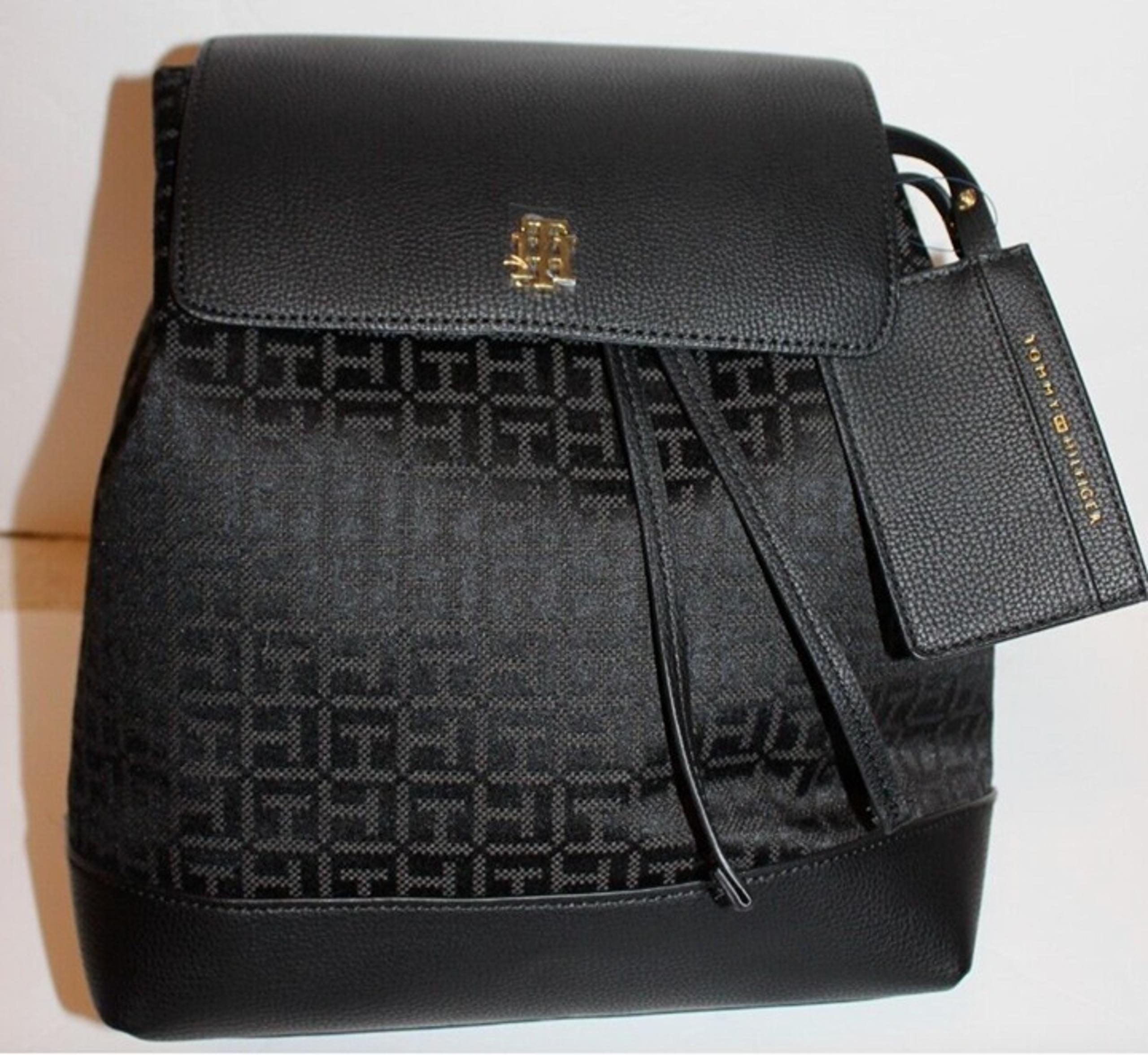 Tommy Hilfiger Flap Backpack w/ Hangoff-Square Monogram Jacquard Black