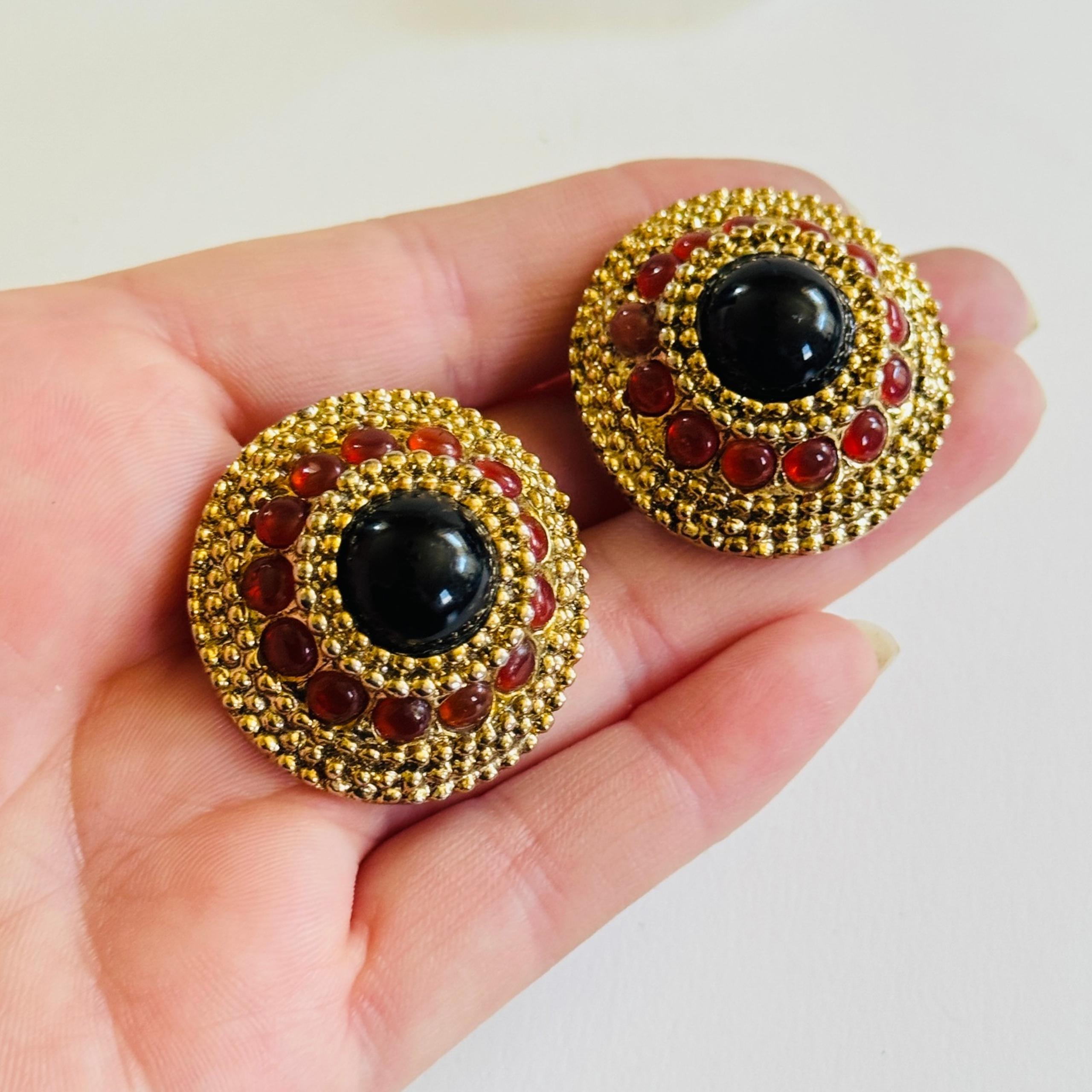 VTG Craft Earrings Signed Cabochon Round Regal gold clip High End Designer rare