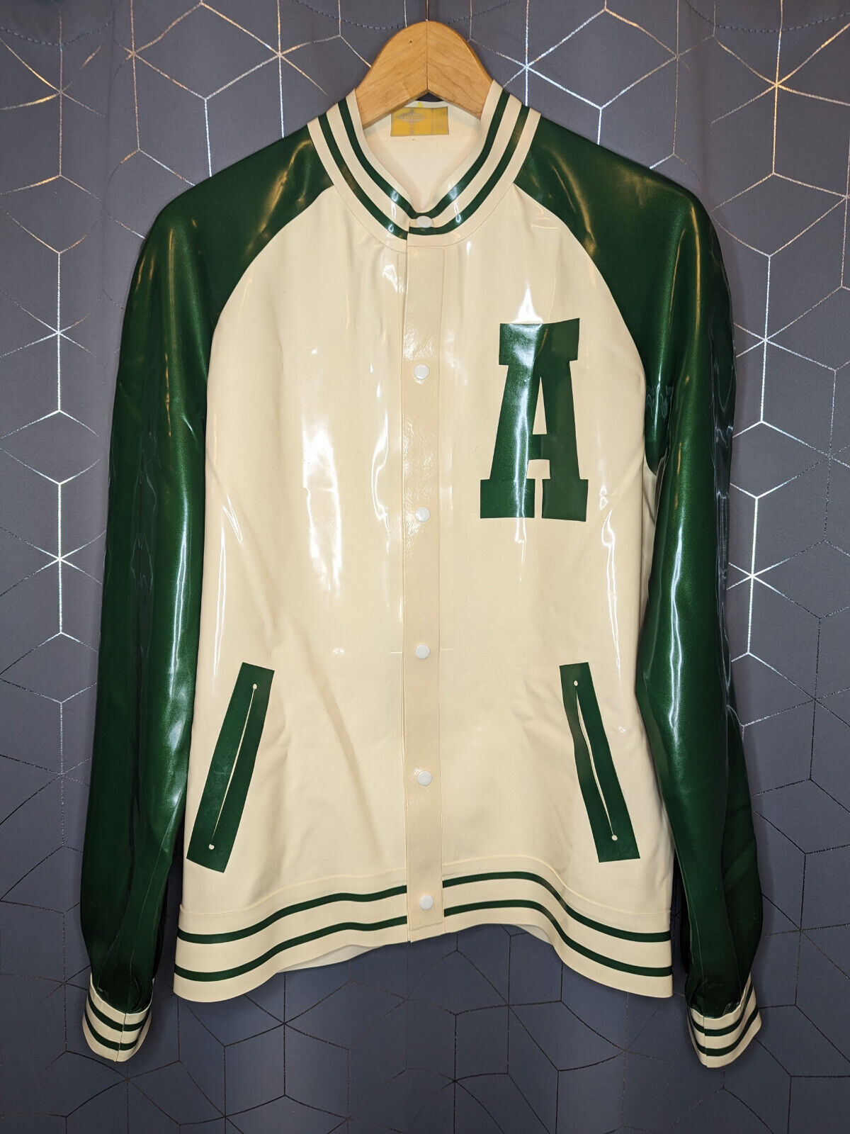 Latex College Jacket by Libidex Sz M Metallic Green / White
