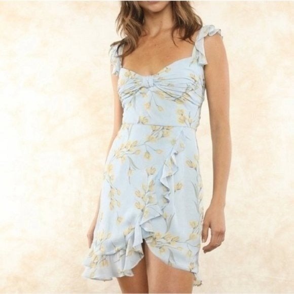 Fletch Tulip Floral Print Mini Dress Light Blue Ruffle