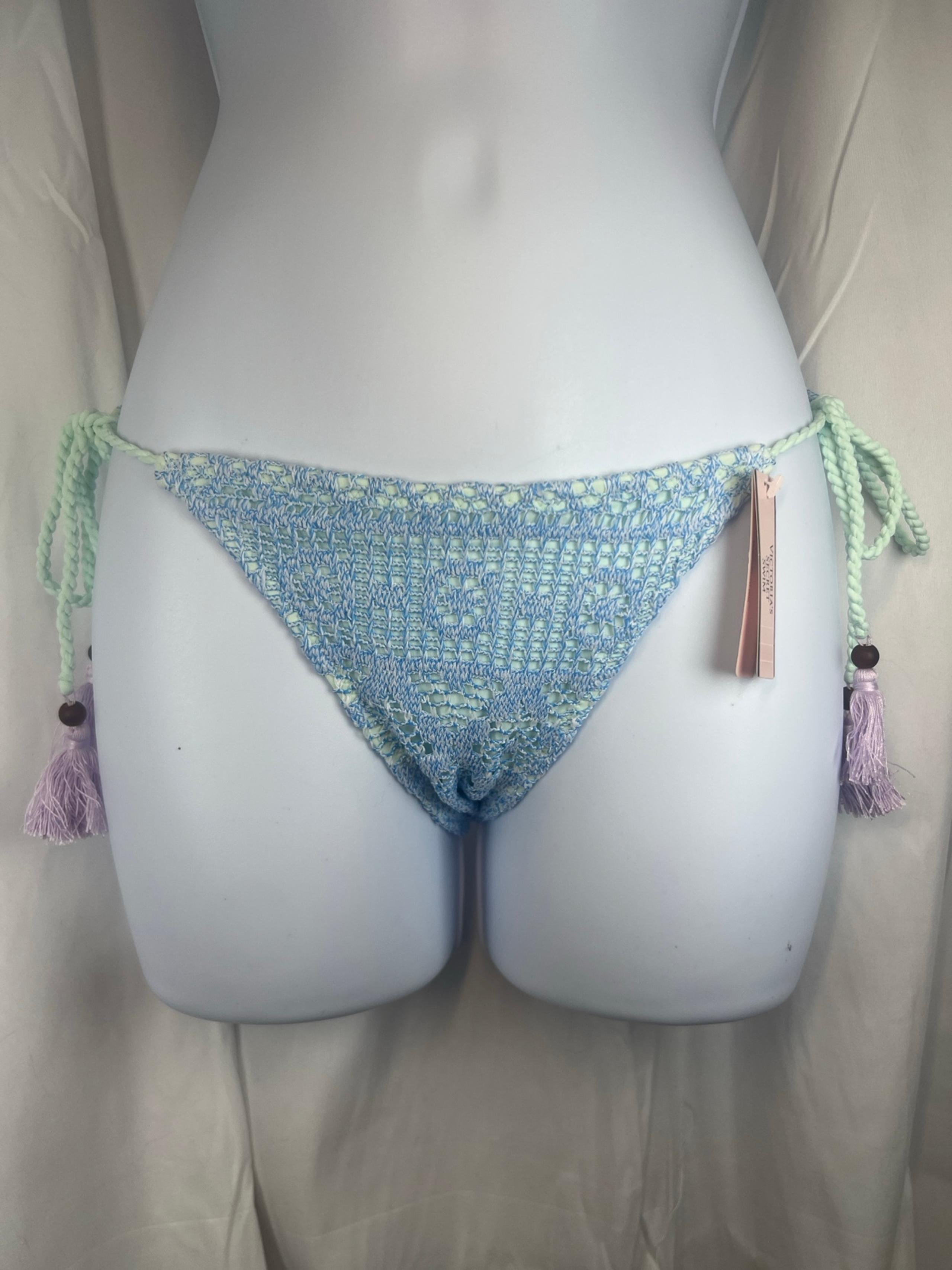 New Victorias Secret Classic String Side-Tie blue Crochet Lace Bikini Bottom S