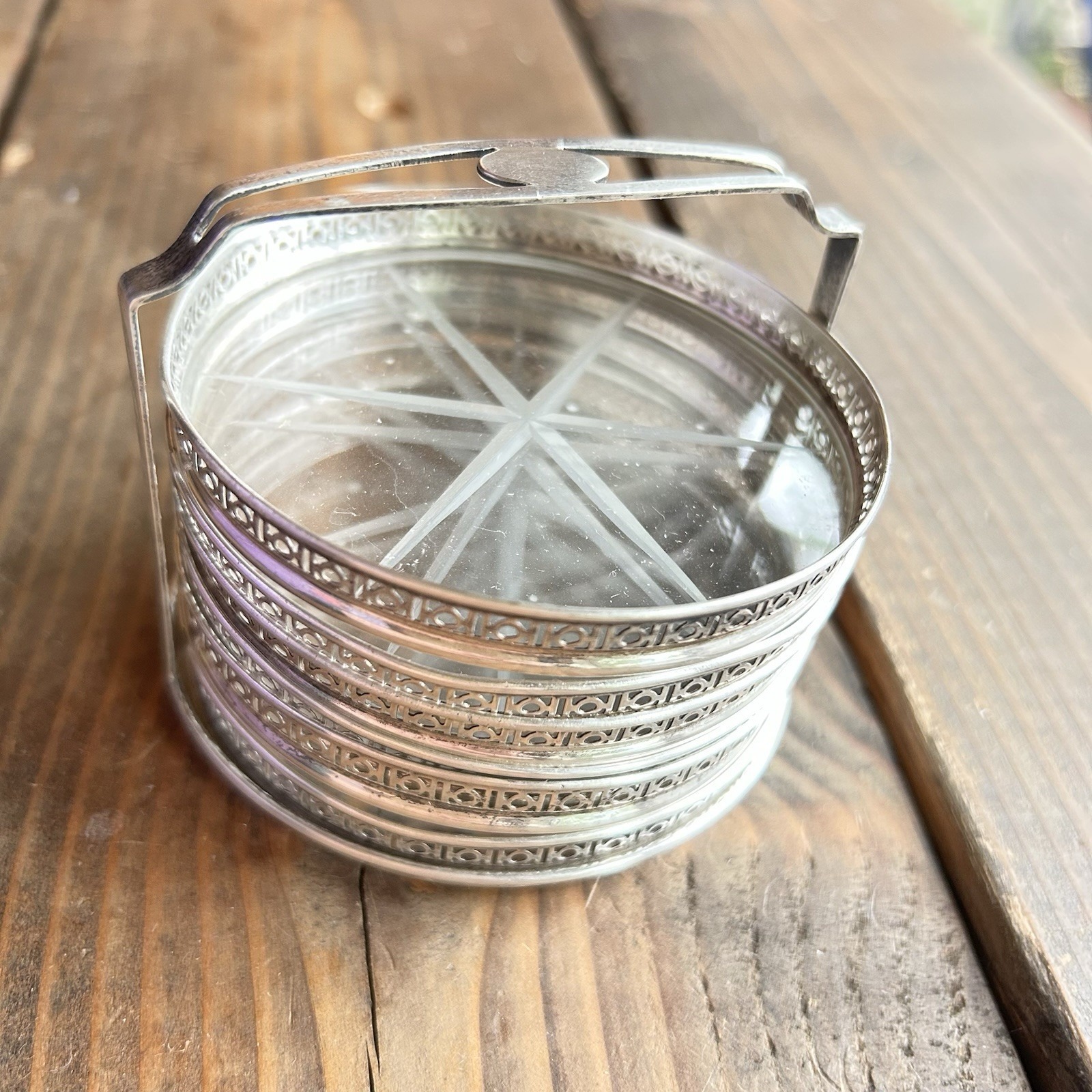 Vintage Webster Co Silver Sterling & Glass Set of 6 Coasters & Holder Caddy