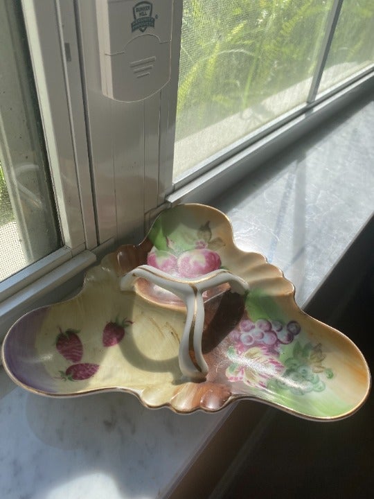 Porcelain Hand Painted Triangle Handle Vintage Fruit/Candy Dish Fruit Pattern