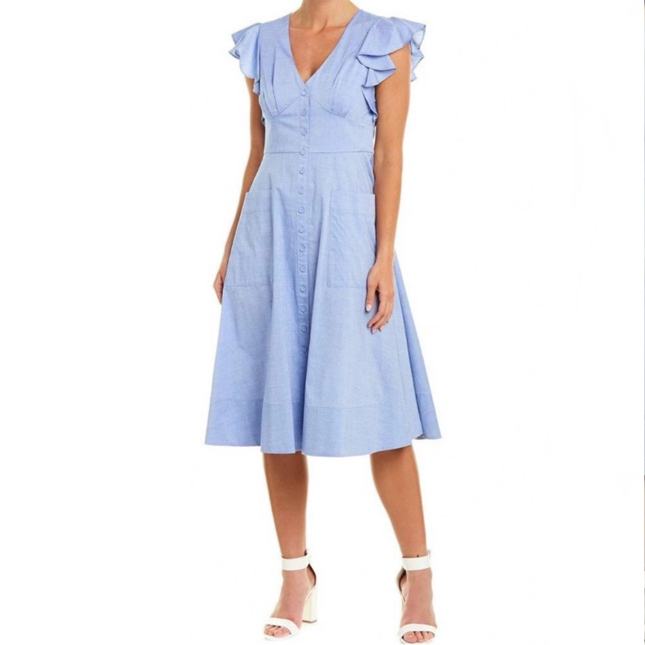 ELIZA J Chambray Flutter Sleeve Midi Dress