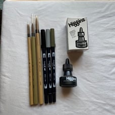 Calligraphy brushes, ink and pens