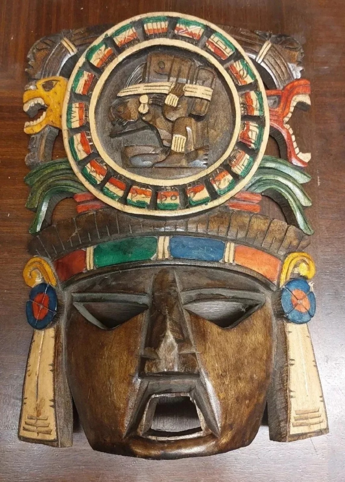 MaskAztec Inca Mayan Mask wooden Hand Painted With Mayan Calender Wall Hanging