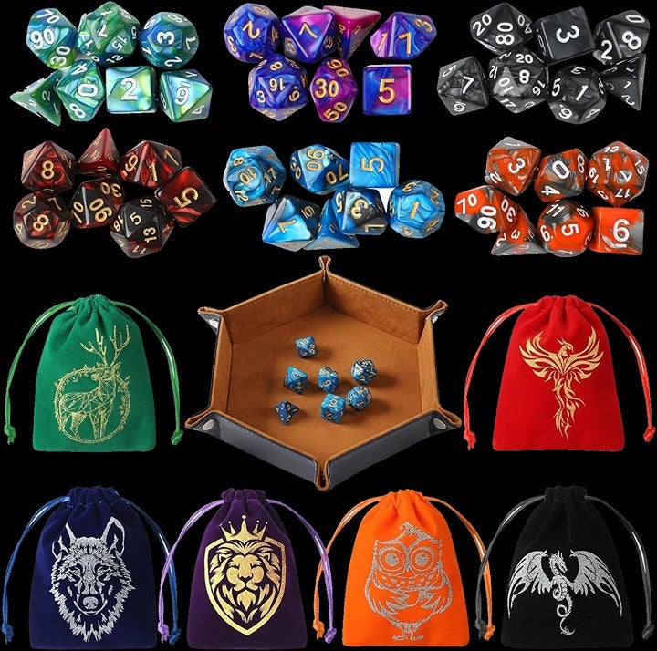 42 PCS DND Dice Set with 6 Colorful Animal Pattern Velvet Bags Leather Dice Tray