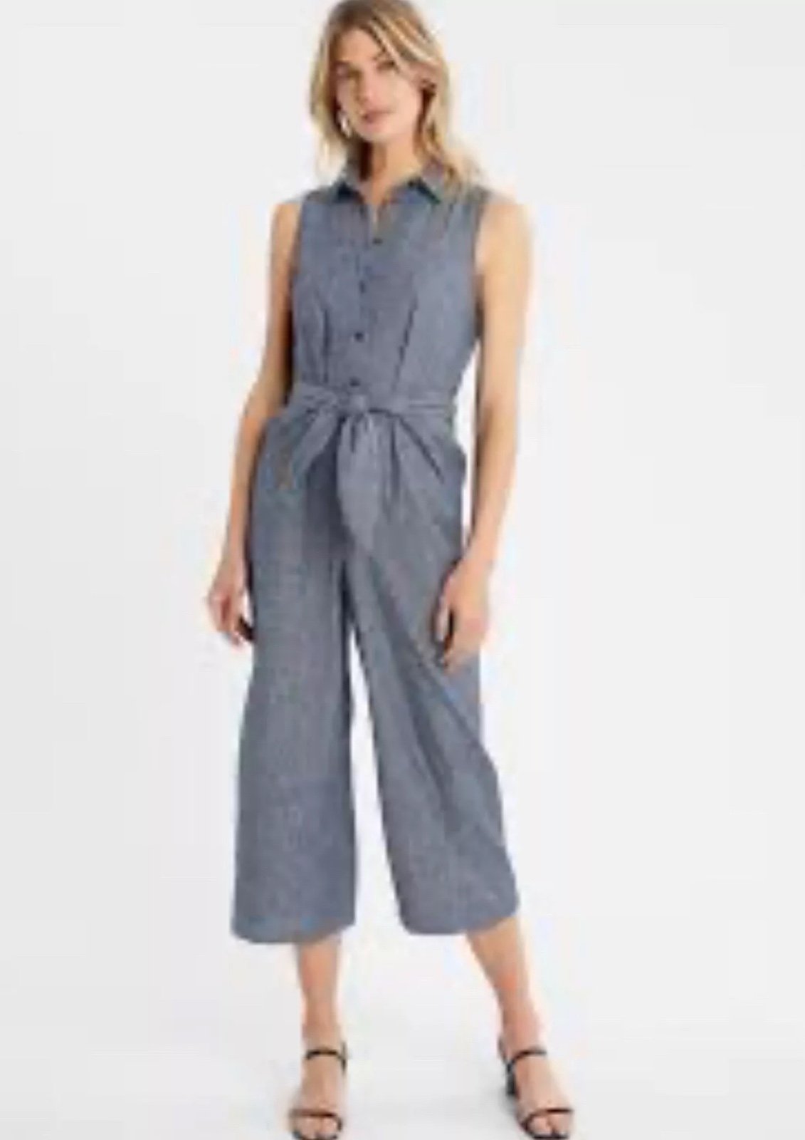 BANANA REPUBLIC Linen Blend Tie Front Chambray Jumpsuit Wide Leg Pockets Sz 12