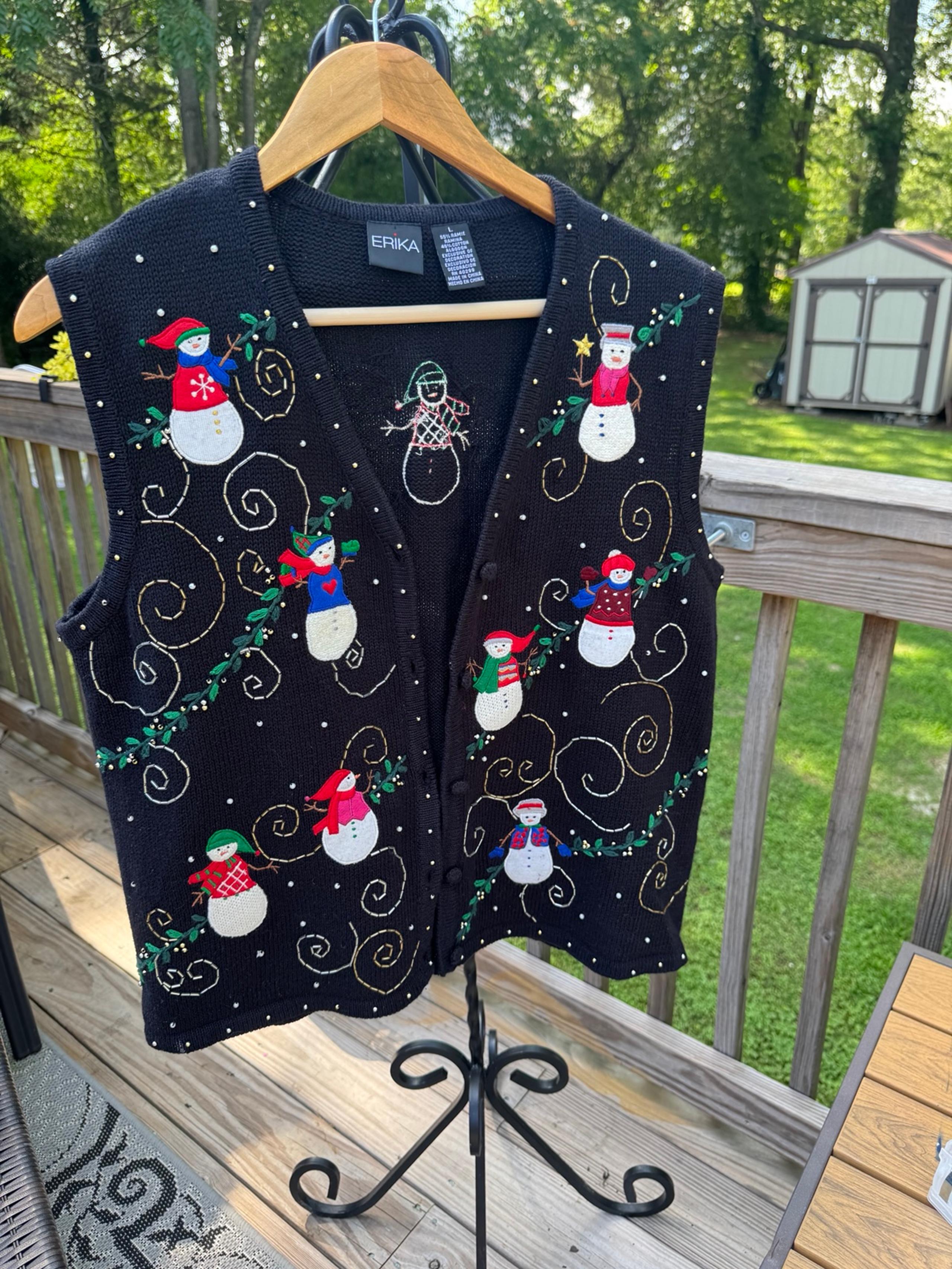 Vintage Christmas Sweater Vest Snowmen 90s Sequins Beaded
