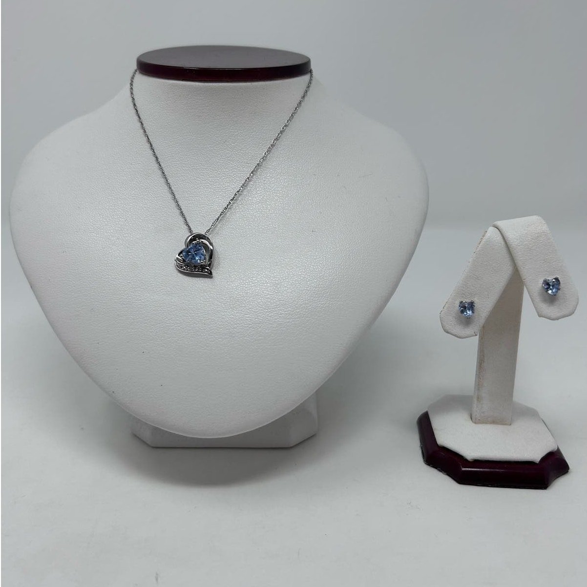 JCP Sterling Silver Simulated Aquamarine Blue Heart Necklace and Earrings NWT