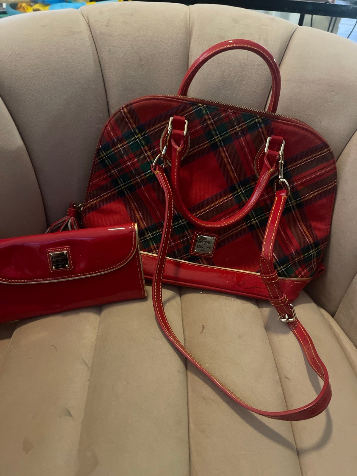 Dooney And Bourke Tartan Christmas print set shoulder purse and wallet