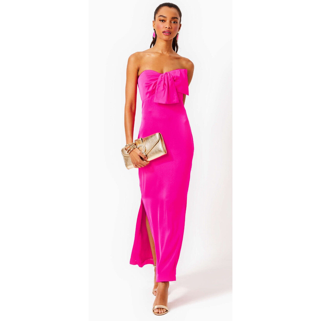 Lilly Pulitzer Carlynn Satin Maxi Bow Dress Strapless Gown Pink Side Slit Sz 8