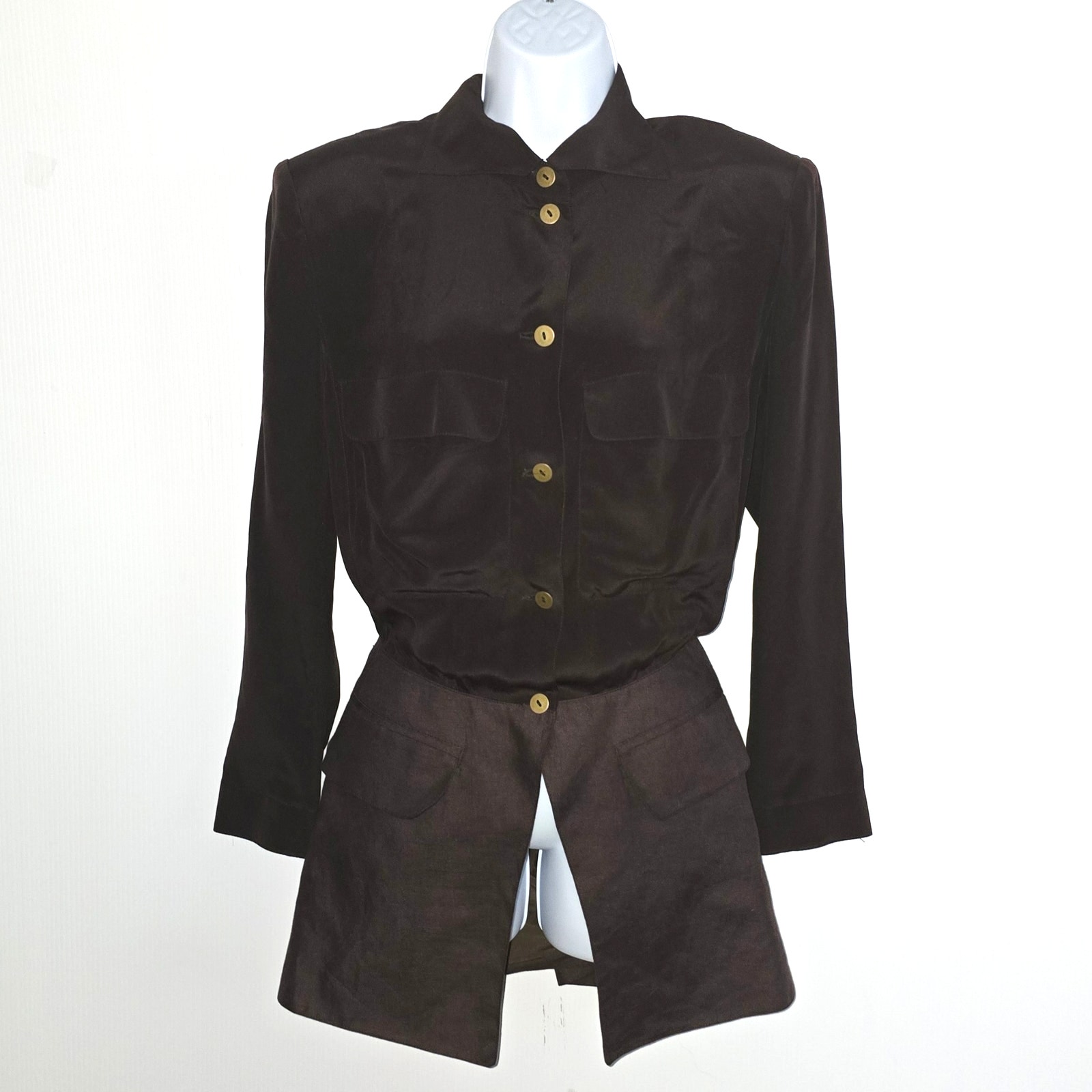 Vintage 1980's Claude Montana Blazer Blouse Brown Silk Raw Silk Button Front 8