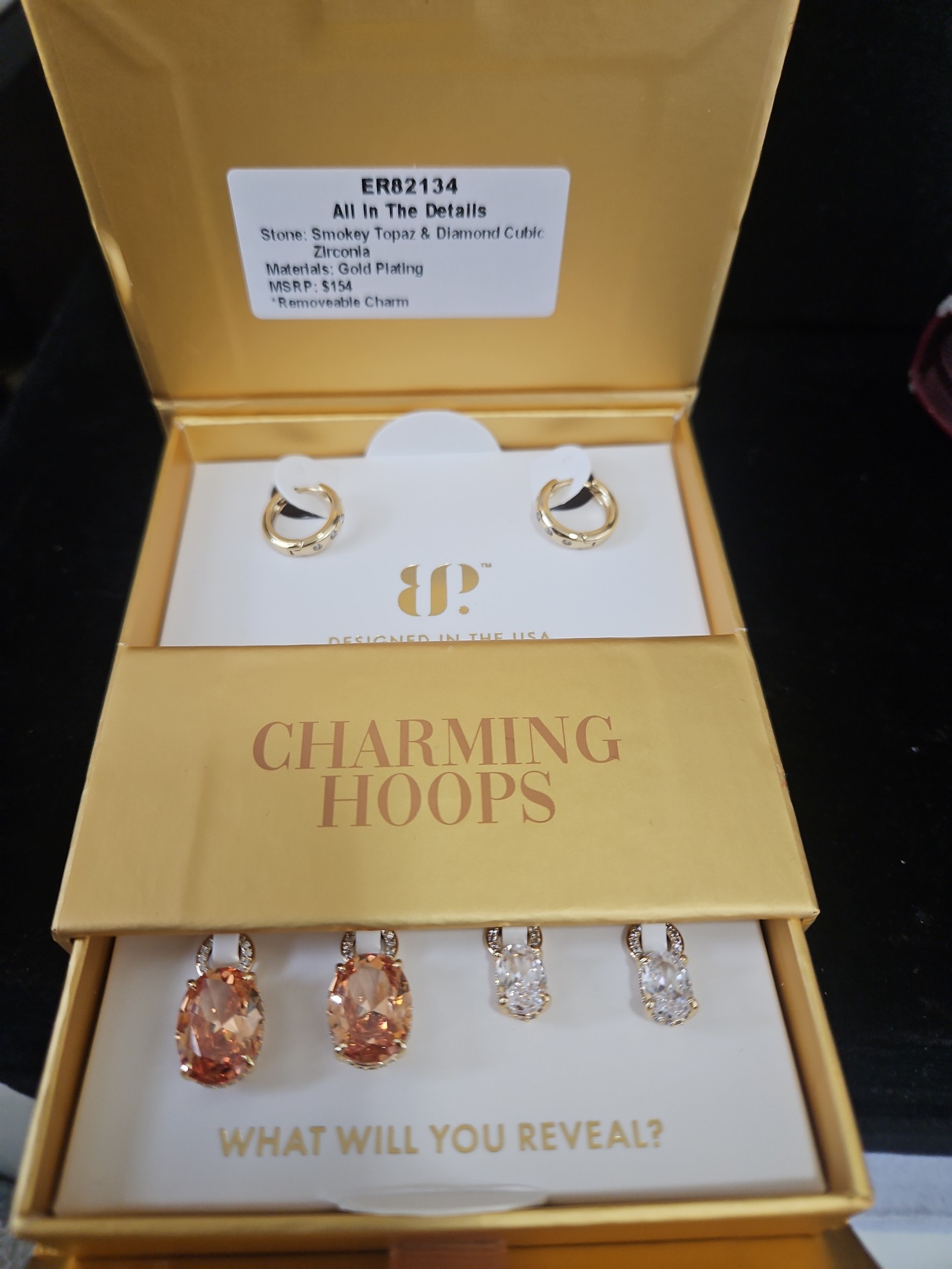 Bomb Party Charming Hoops All in the Details Smokey Tpoaz & Gold plating