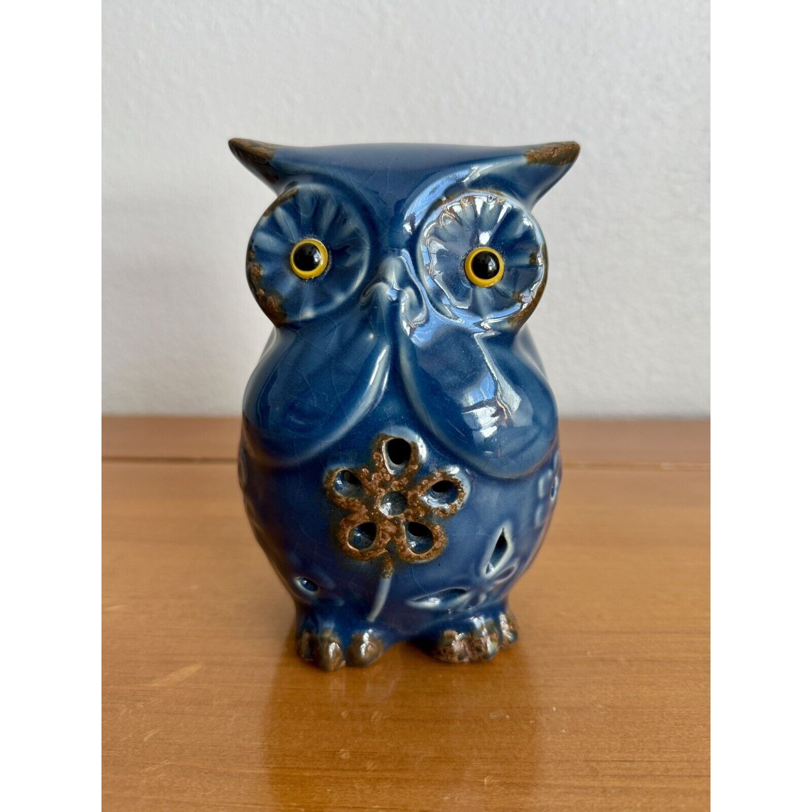 Blue Ceramic Rustic Floral Owl, Decorative Figurine