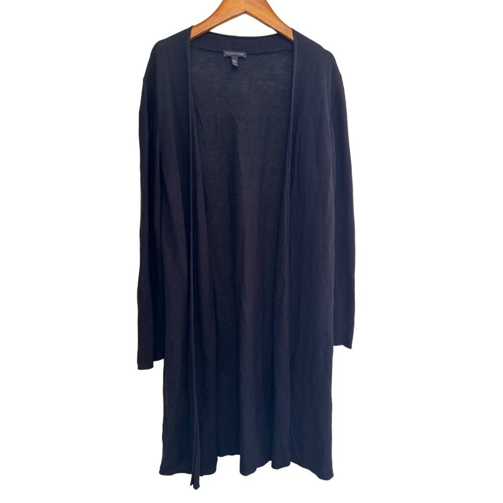 Eileen Fisher Long Cardigan Black Organic Cotton Silk Blend M