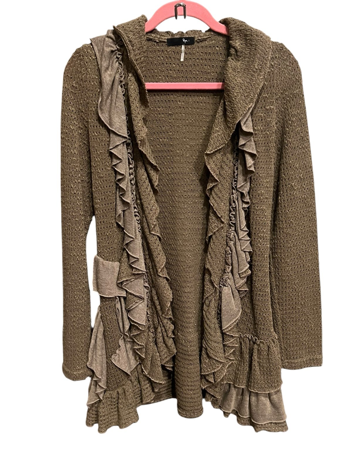 Stay stylish with this classic chic elegant light brown ruffled cardigan sweater