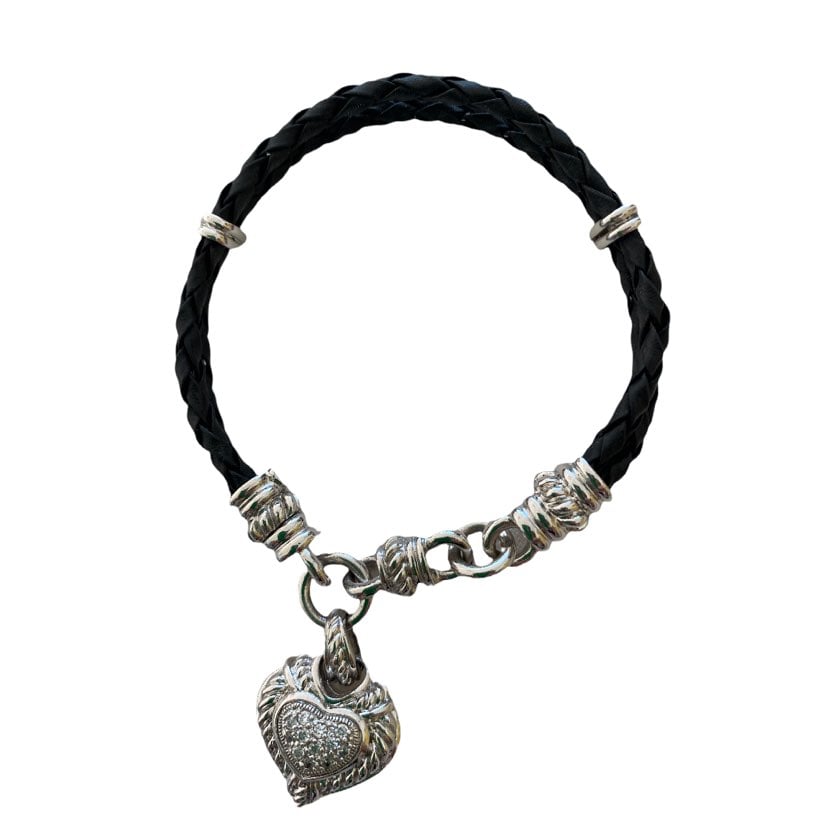 JUDITH RIPKA Sterling Silver and Black Leather Heart Bracelet