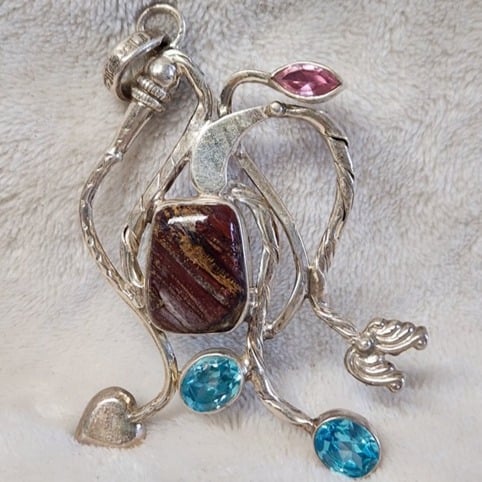 Large Sterling Silver Artisan Pendant With Jasper, Blue Topaz & Pink Cz