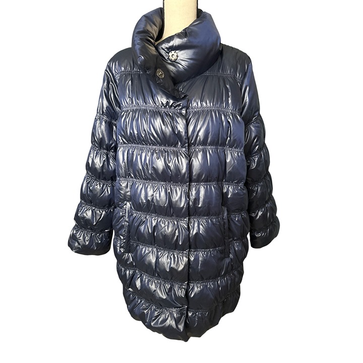 Eileen Fisher Navy Blue Puffer Snap Coat Asymmetrical Button Front Mid Length 1X