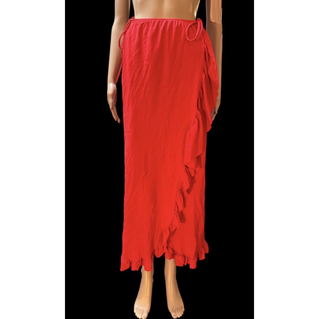 VTG Bill Blass Women's Irregular Wrap Skirt Flared Midi Red M Ruffle Trim 70s
