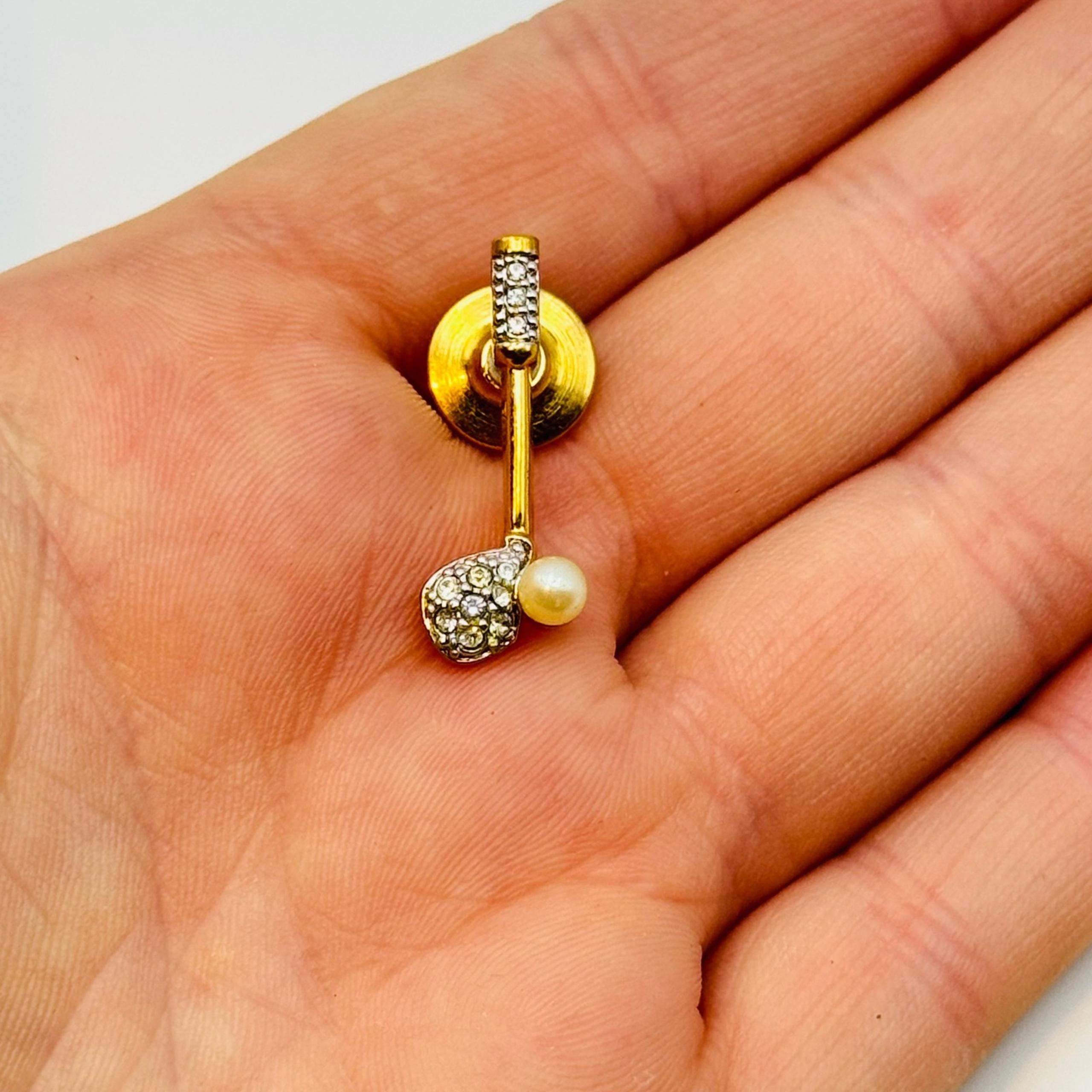 Gold Club Ball pearl Swan Push Pin tie tack Signed Crystal Gold Plated - Swarovski