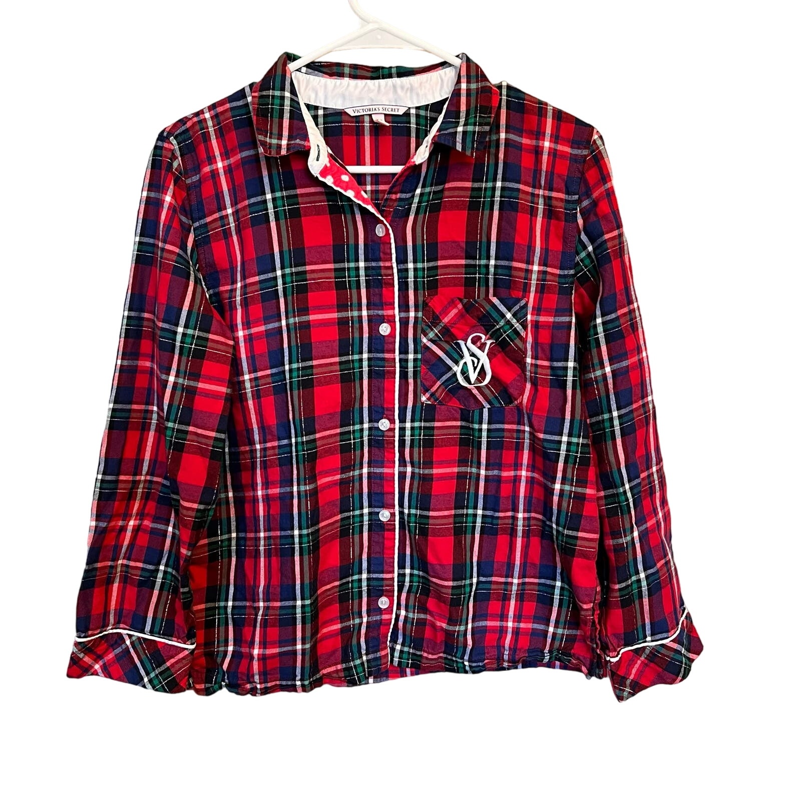 Victoria's Secret Red Plaid Long Sleeve Button Down Christmas Pajama Top Size XS