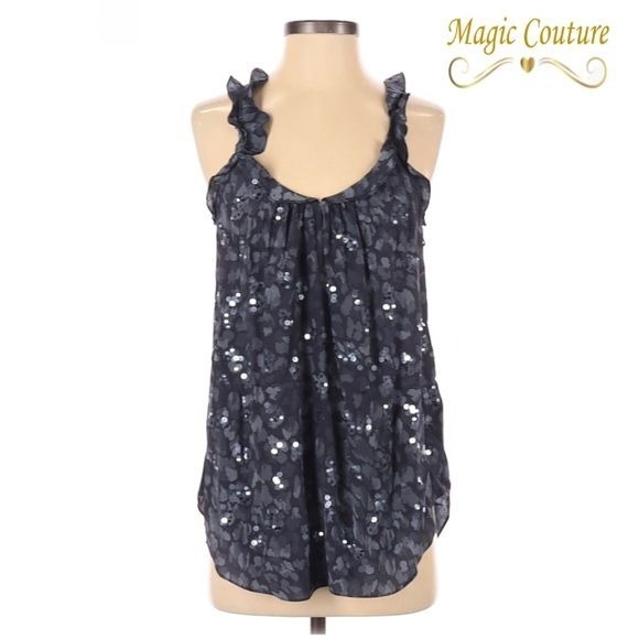 Rebecca Taylor Grey Silk Leopard Print Sequined Embellished Ruffle Tank