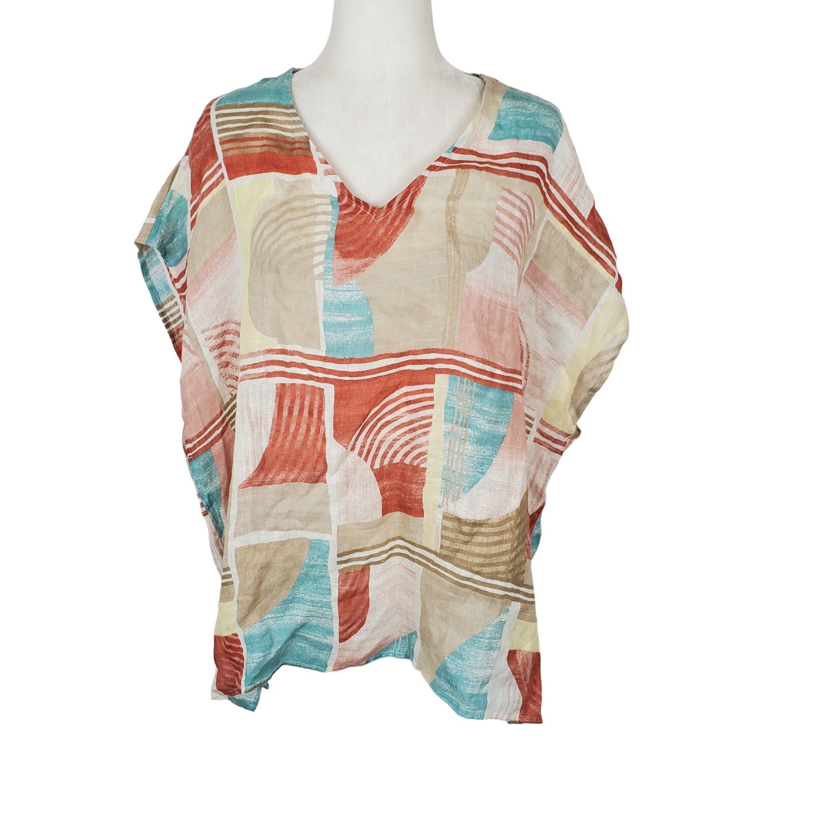 NWOT Chico's Multicolor Print Linen V Neck Over Size Large Armhole Top Small/Med