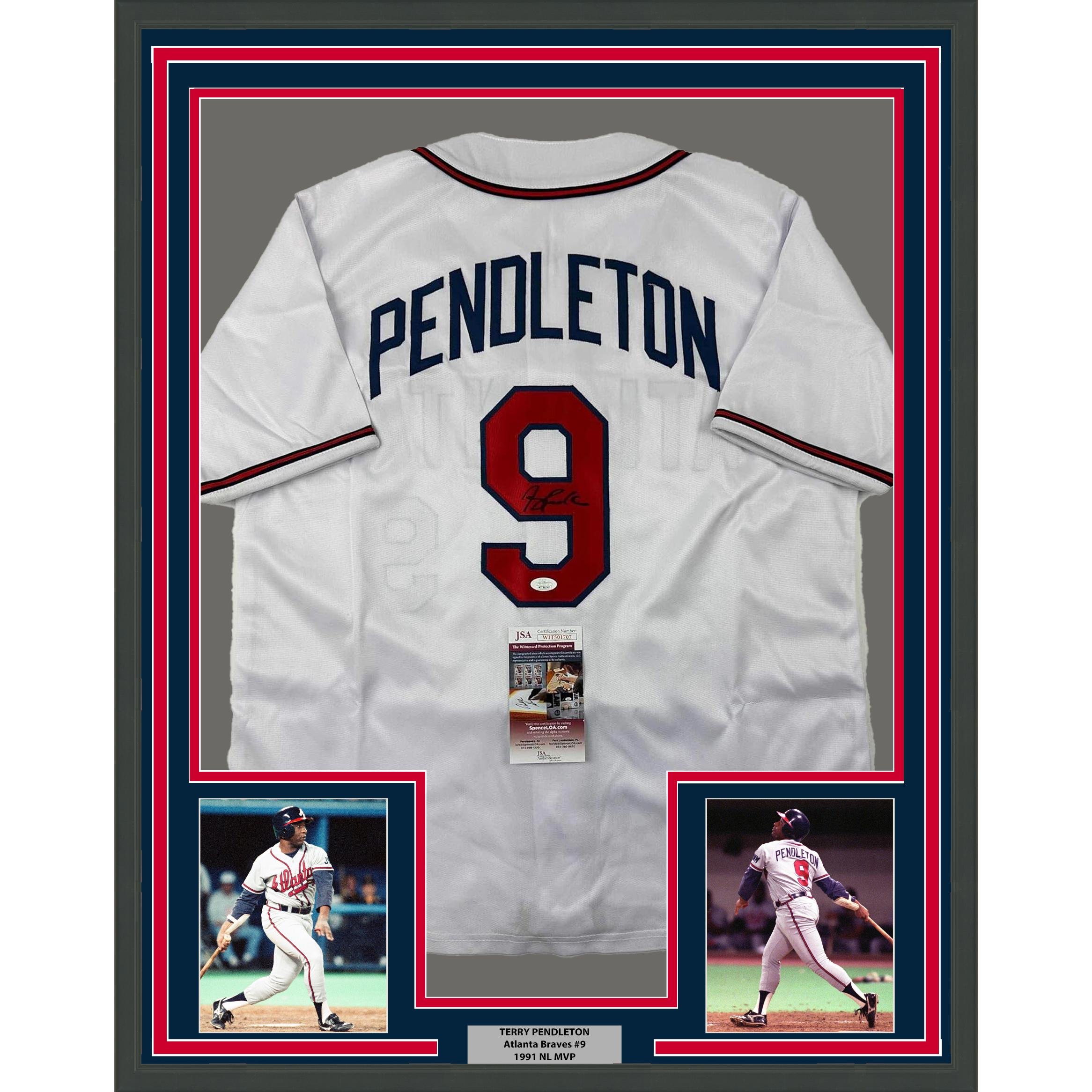 Framed Autographed/Signed Terry Pendleton 35x39 Atlanta White Jersey JSA COA