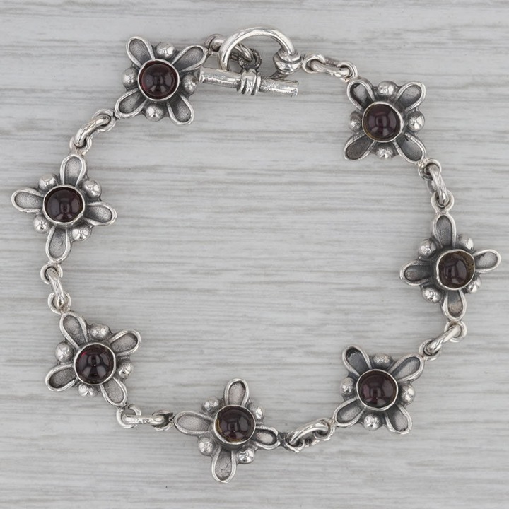 Garnet Flower Link Bracelet Sterling Silver 7 Floral Jewelry