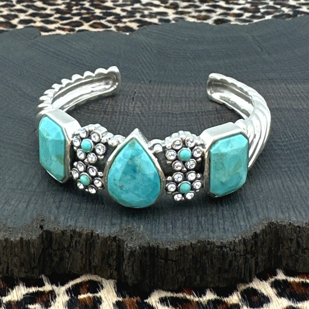 BARSE Sterling Silver & Turquoise Cuff Bracelet CZ Flowers Slanted Shrimp Band