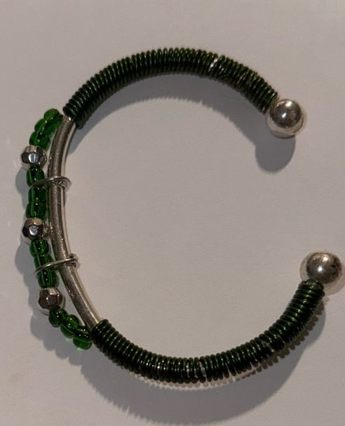 Green Wire Wrapped Silver Tone Cuff with Silver and Translucent Green beads