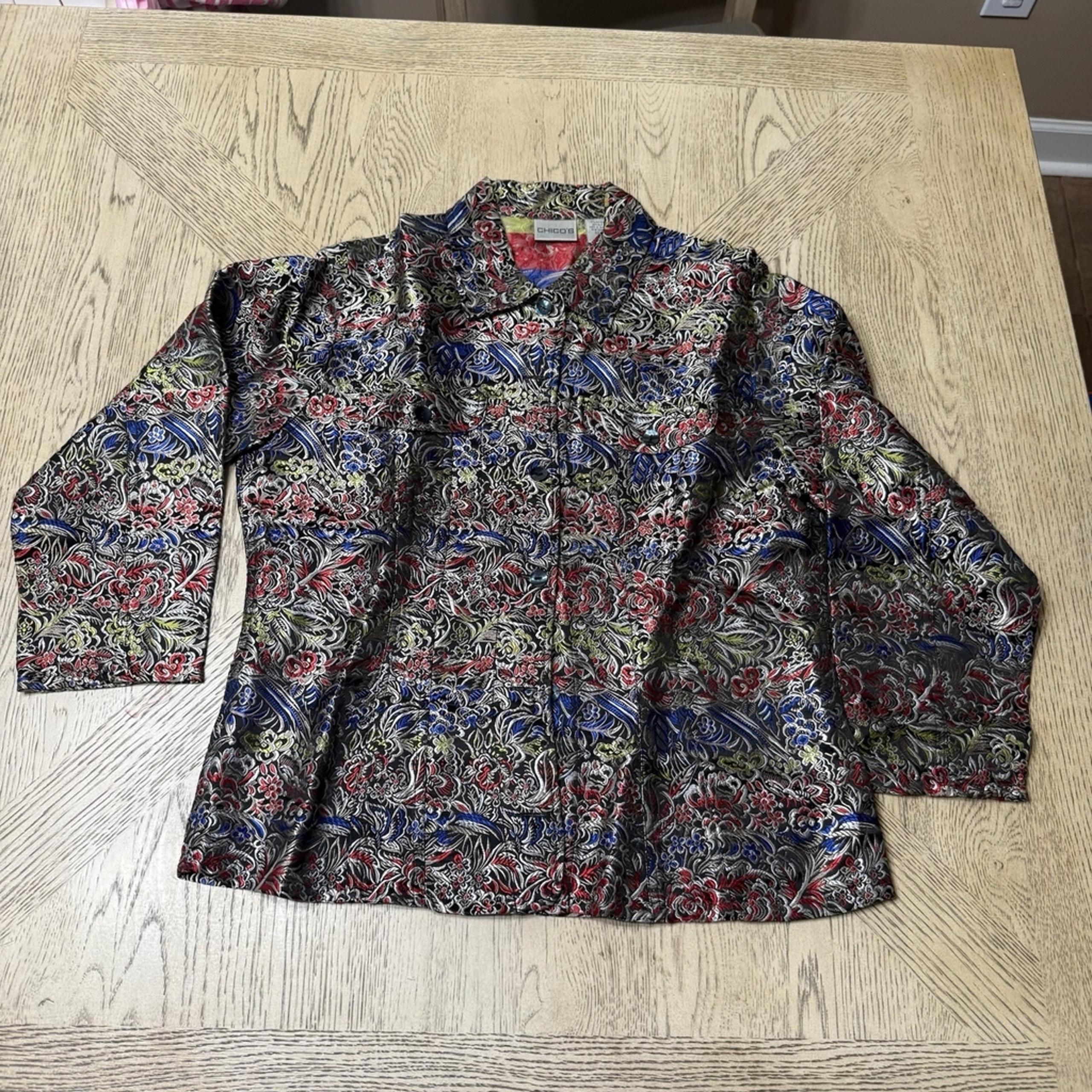 Chico's Size 1 Medium Rainglow Alicia Jacket Black Multicolor Silk Blend Floral
