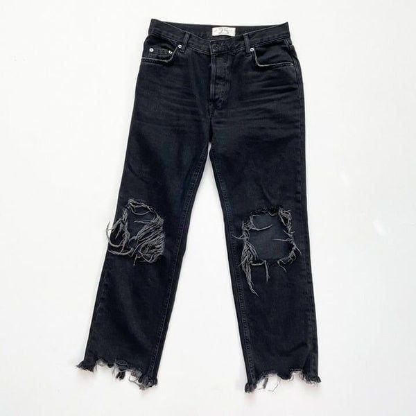 We The Free People Wide Straight Jean Womens 25 Distressed Black Denim High Rise