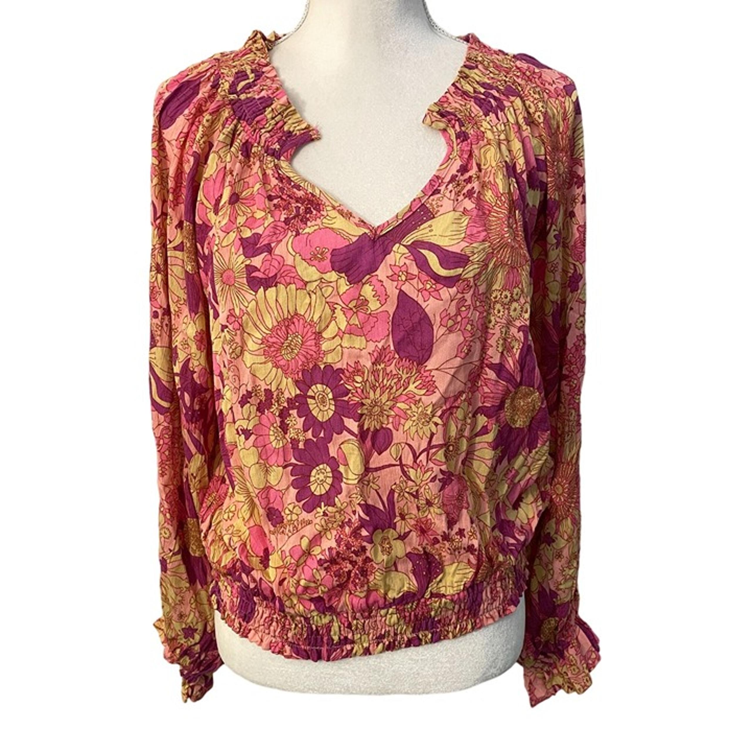 Pink Lily Floral Gauze Peasant Top Women L Pink Flowy Sleeve Boho Retro Smocked
