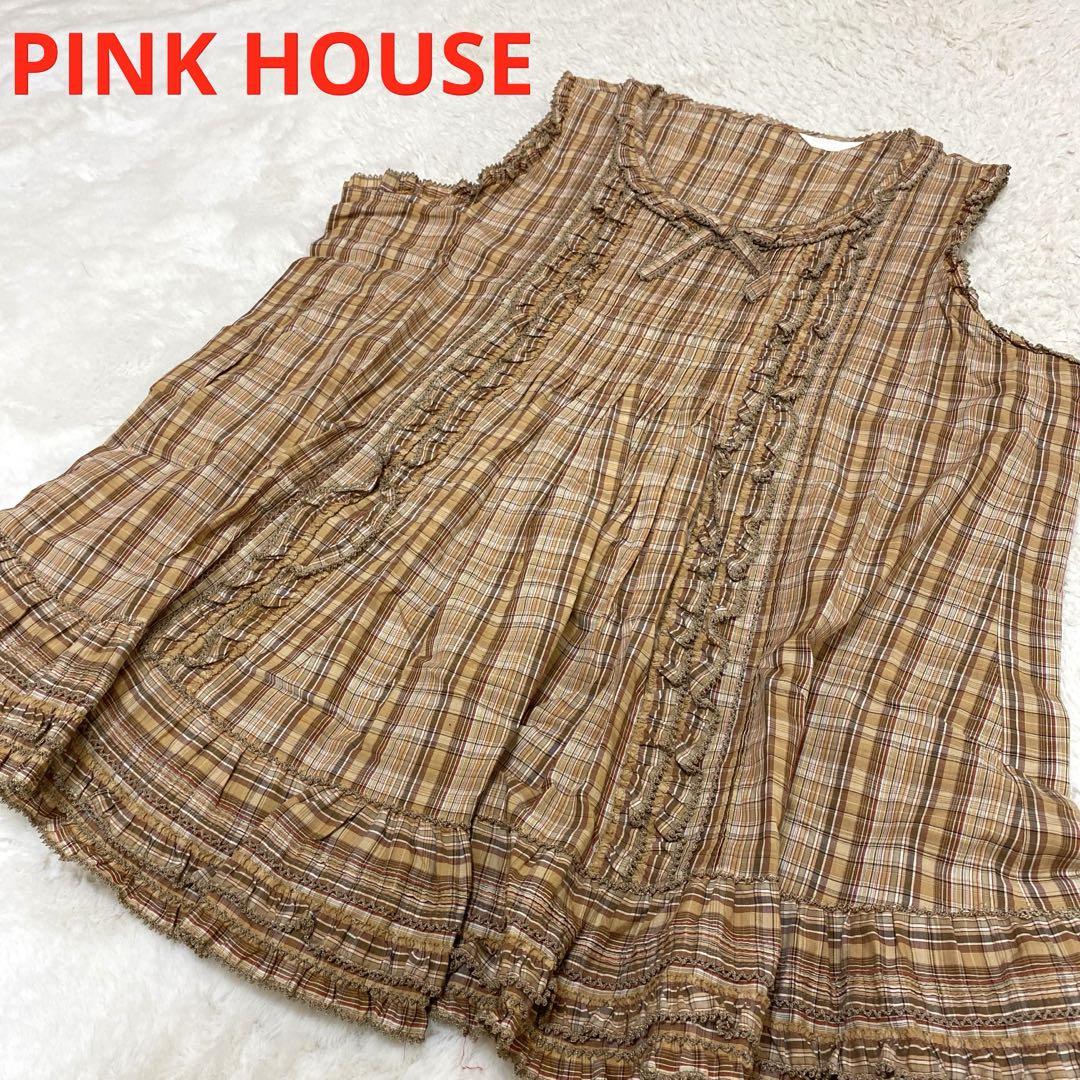 Pink House Vest Top, Brown Check Pattern, Cute, Layering Piece