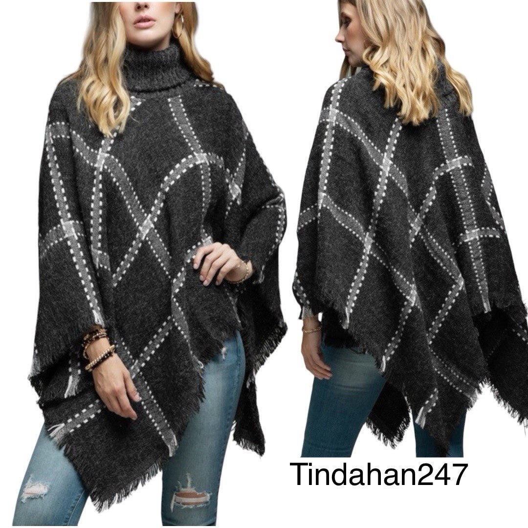 Charcoal Turtle Neck Windowpane Plaid Poncho