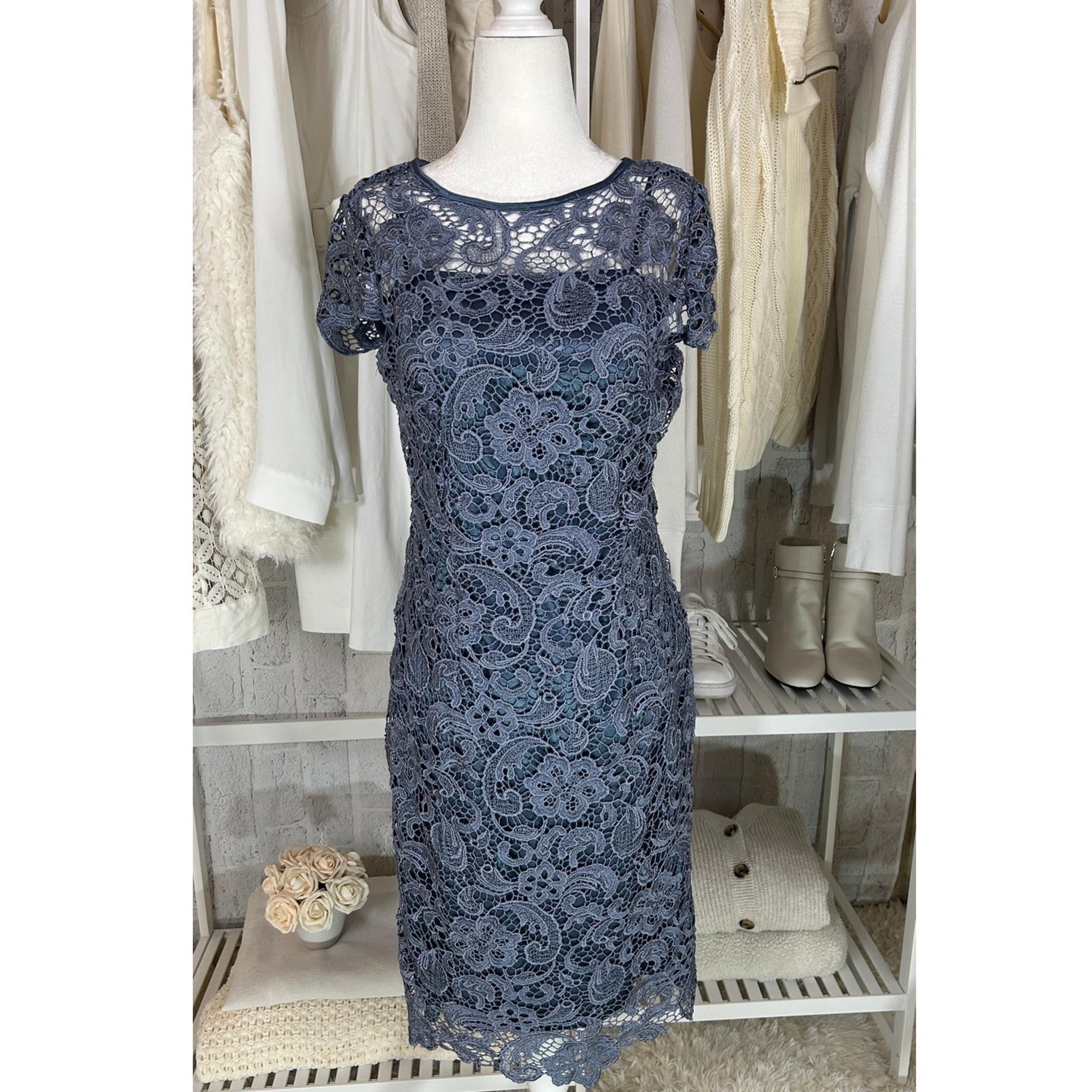 J S Collections Womens Size 8 Periwinkle Blue Lace Overlay Sheath Dress #0381