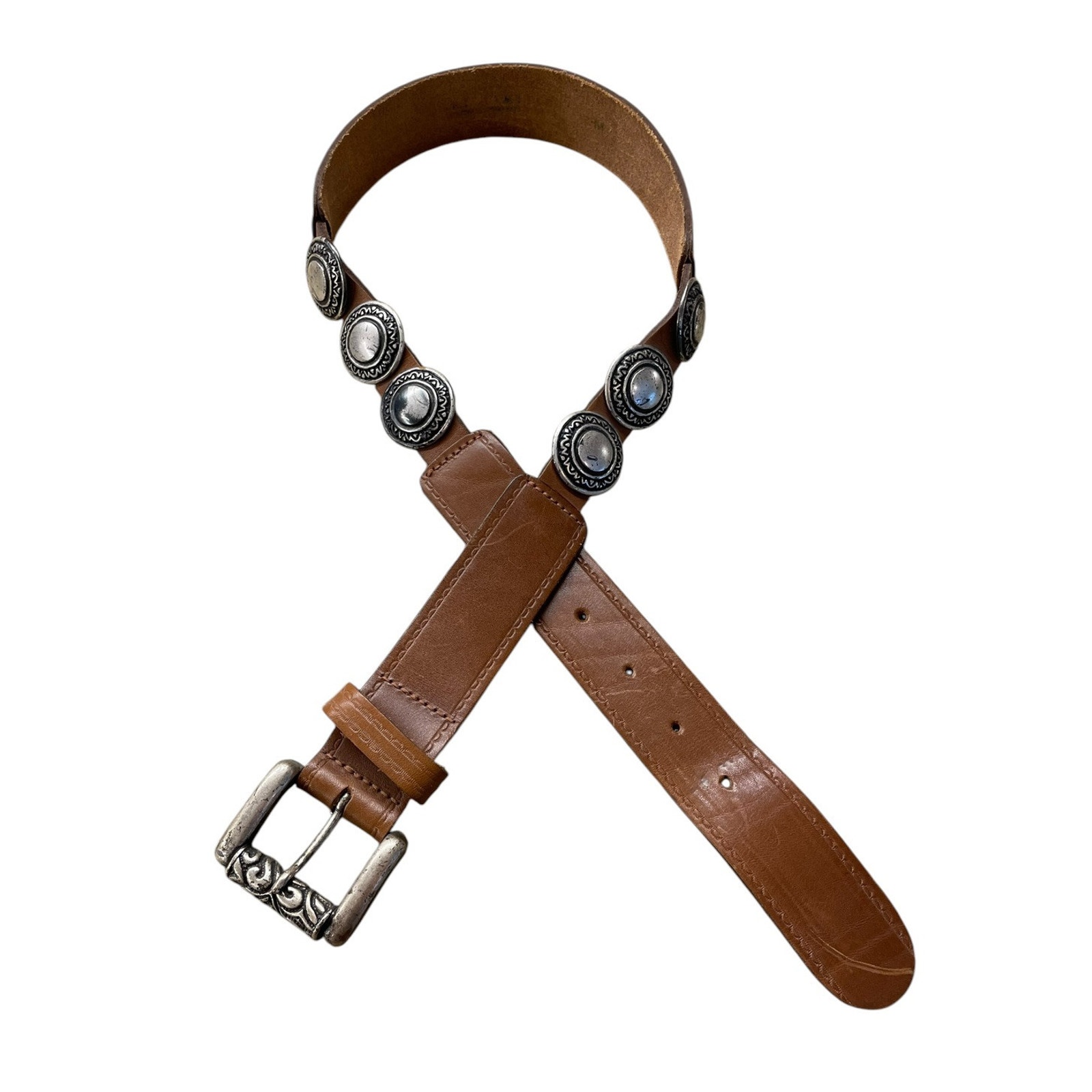 Vintage Brighton Western Leather Belt Brown Silver Medallion Size M Boho Italy