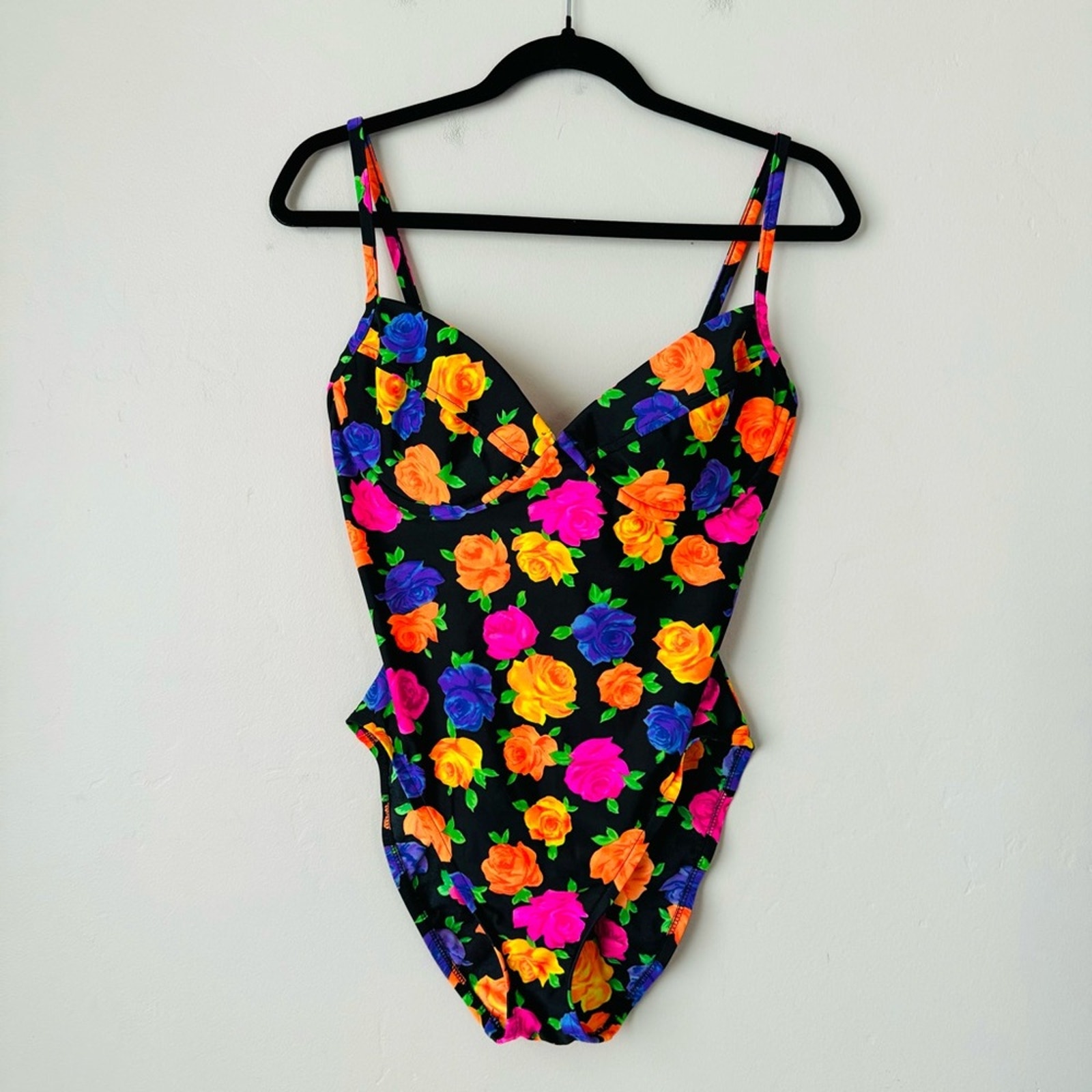 Victoria’s Secret vintage black neon floral Floral 1 Piece Swim Suit woman’s 14C