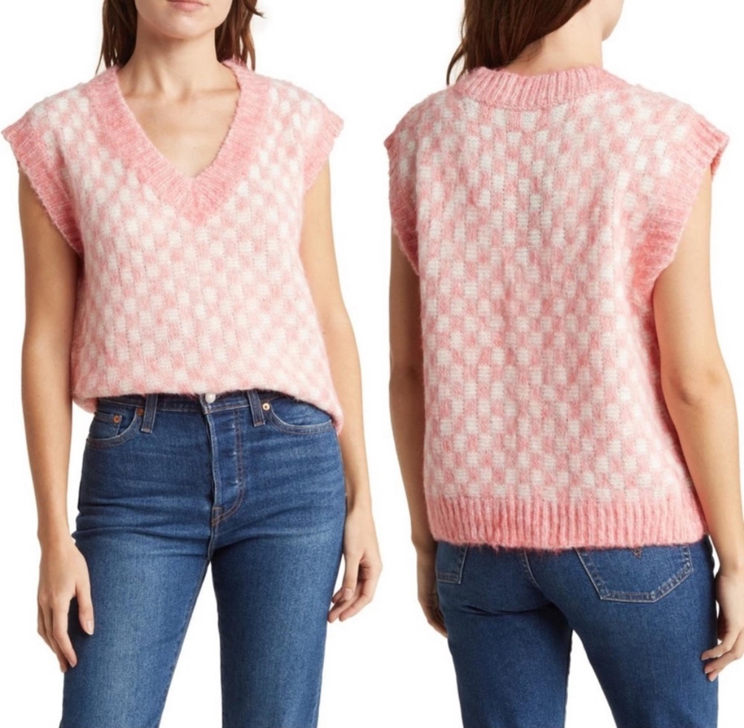 NWT FRNCH Paris Checkered Sweater Vest Rose Cream Size M/L - Free People