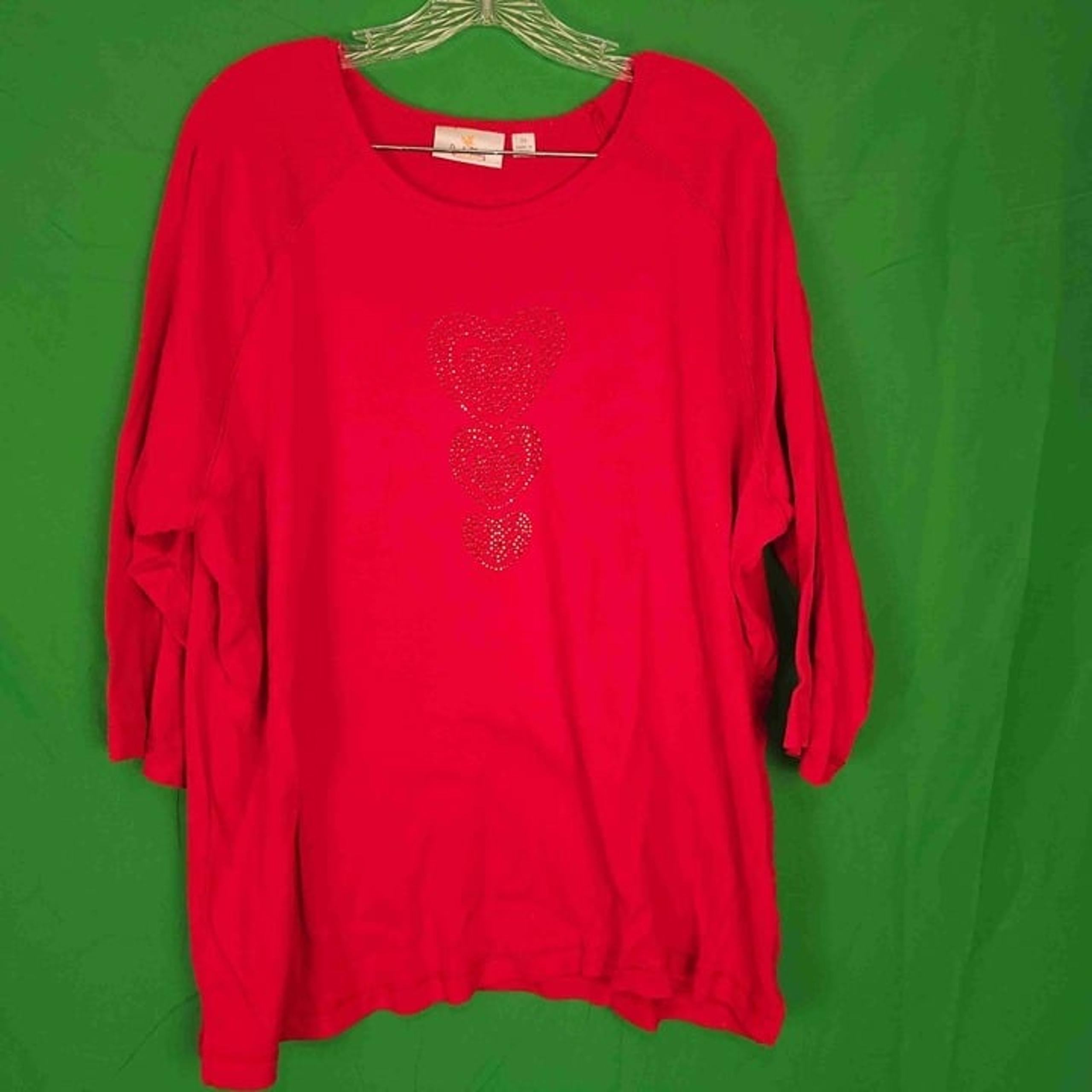 Quacker Factory Womens Red Embellished Heart Long Sleeve Shirt 2X Valentines Day