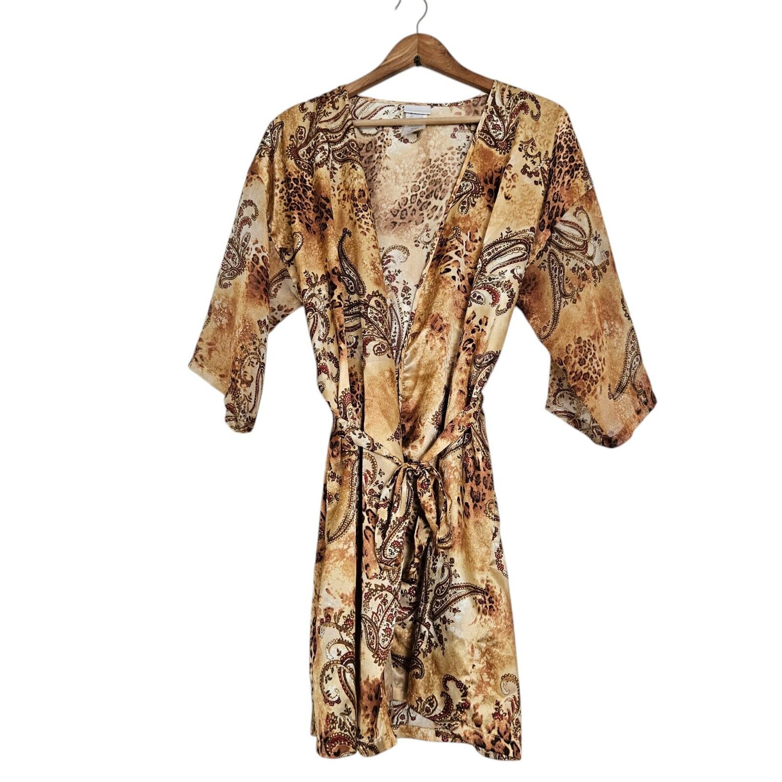 Vtg Y2K Secret Treasures Satin Robe Womens M Beige Animal Print Belted Romantic